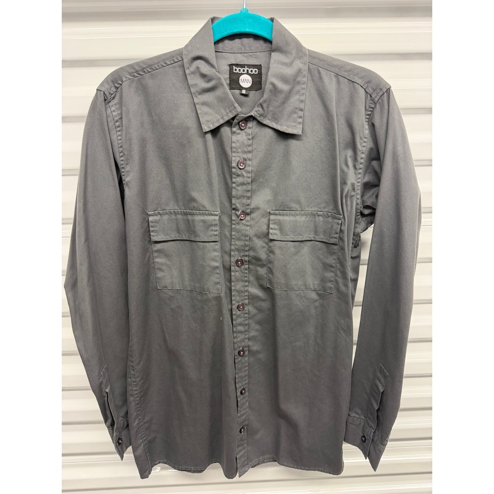 BoohooMAN Mens Small Gray Long Sleeve Button Down Utility Shirt Dual Pockets